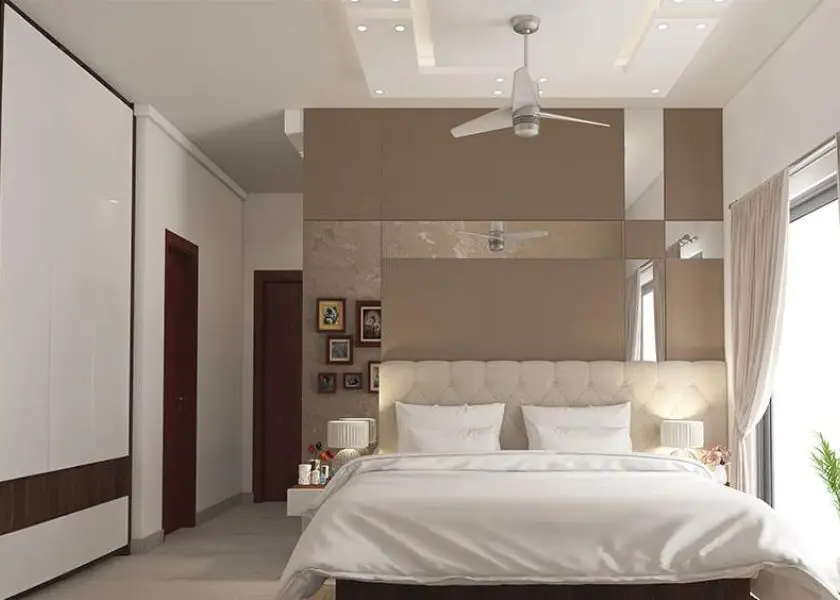 Plafon PVC di Kamar Tidur Warna Putih Cream yang Hangat